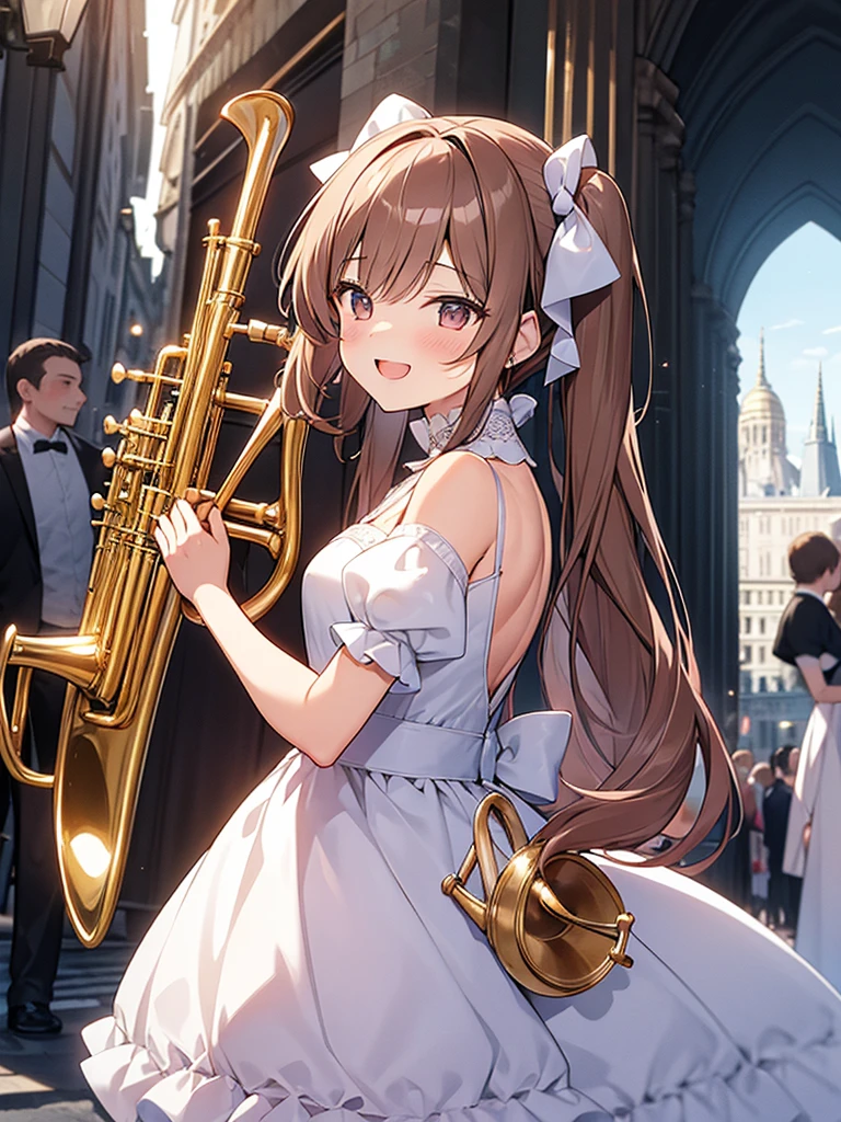 Woman in princess wedding dress、Mature Woman、adult、pregnancy、Screaming、Holding a brass instrument、Left hand behind、Brown Hair、Twin tails、smile、口を開けたsmile、Alice in Wonderland、pussy juice stain panties、Highly detailed fingers、One Girl、White Rose、Streets of Paris