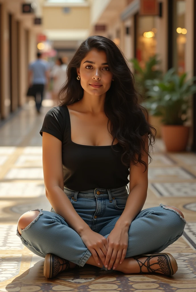 (photorealism:1.2), beautiful 35yo north indian married woman with curvy body, sitting in mall, floor tiles, wearing casual square neck top and denim pants with matching casual shoes, intricate details, warm colors