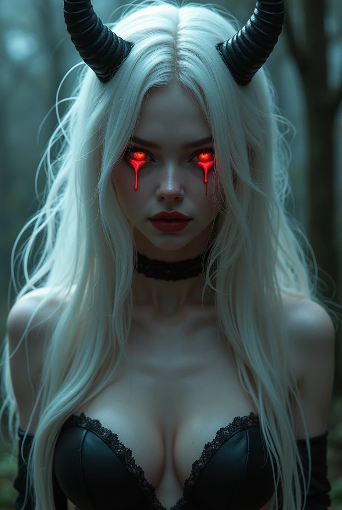 One Girl, Appearance Succubus, Lustful looks, Long White Hair, Red Heart Eyes, Looking Obsessed, Crazy Obsessive looks
