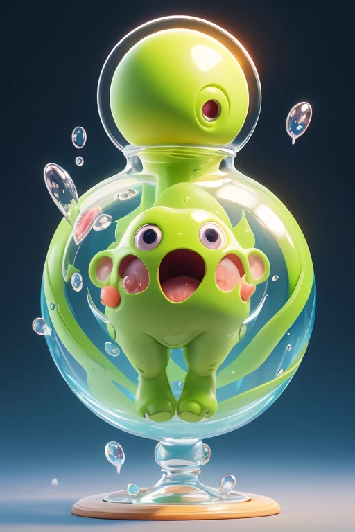 Create a picture of a potato monster. The body is transparent and can be seen through. The image is sharp and detailed., with beautiful colors.. With arms, leg, eyes, mouth, พื้นหลังสีlegว