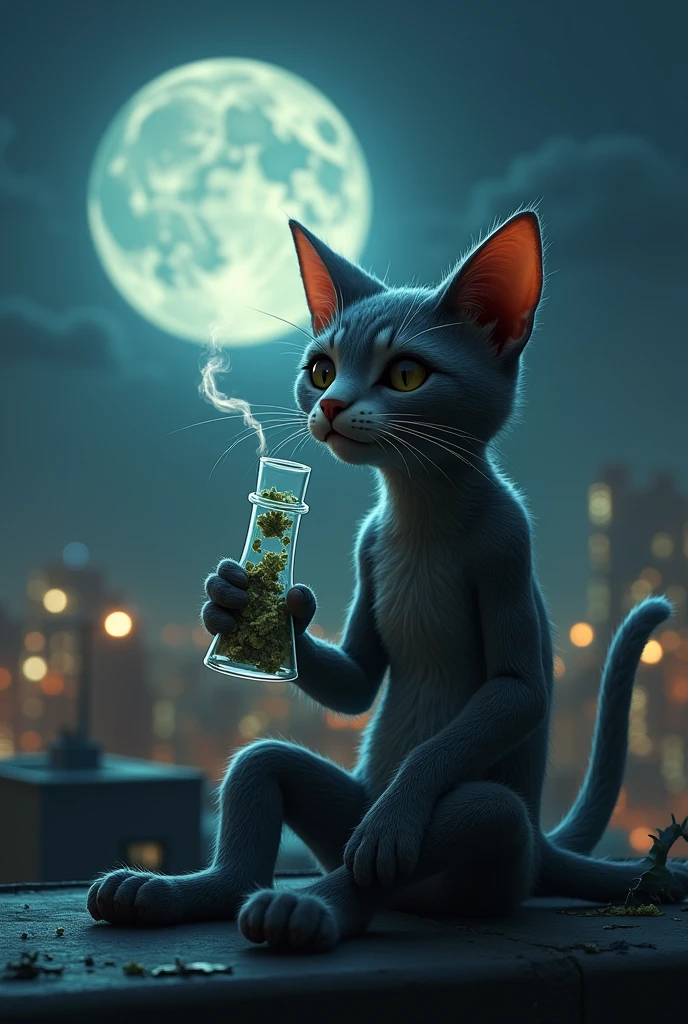 Humanoid cat smoking marijuana in a bong on a roof at night looking at space nebulas