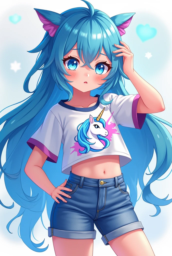 A beautiful 3-year-old fantasy anime bully girl with shiny blue eyes and rather long blue hair, a white ring sleeve with a unicorn on it, and denim shorts.