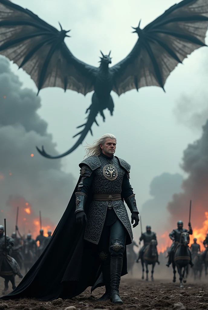 Create a detailed image of Aegon Targaryen on the battlefield and with his black dragon flying in the sky