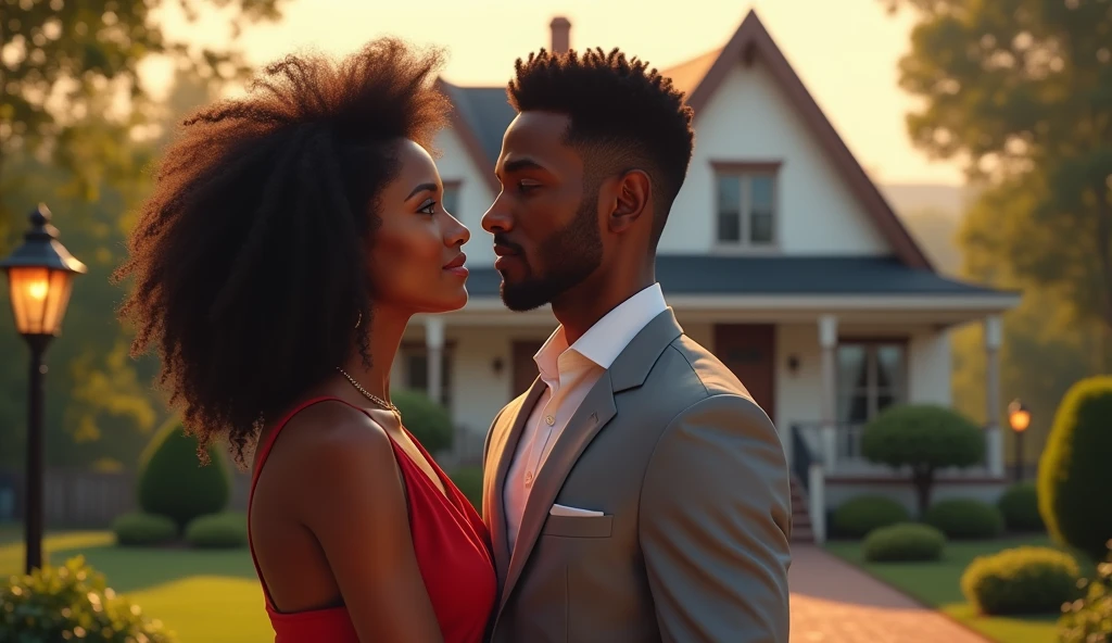 Beautiful black woman man near her beautiful house
