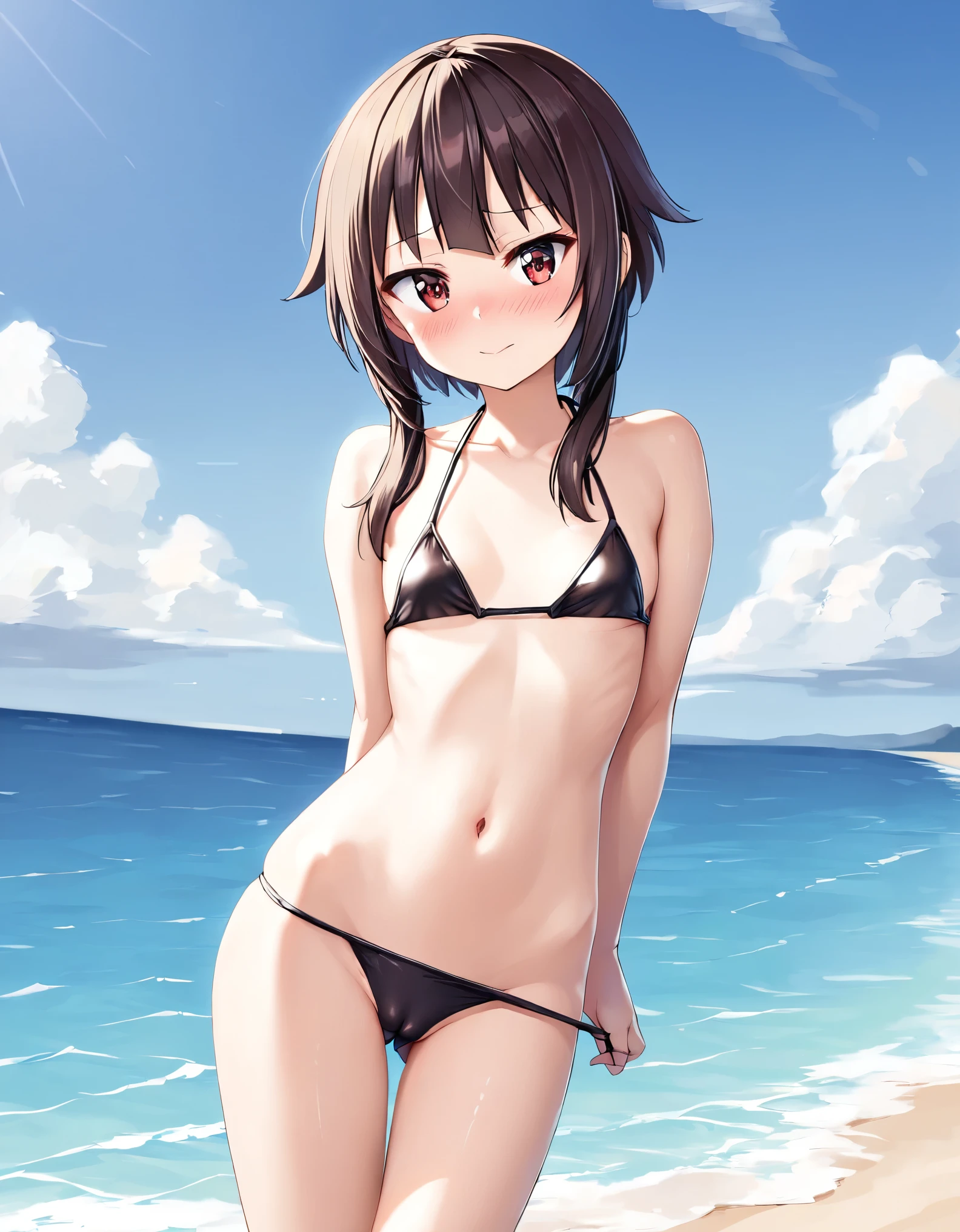 (highest quality:1.2, Very detailed, Latest, Vibrant, Super Detail, Ultra-high resolution, High Contrast, masterpiece:1.2, highest quality, Best aesthetics, there is:0.9), alone, (1 female), Megumin, short hair, black hair, (red eyes:1.3), short hair with long locks, minimal, 1girl, solo, ((black bikini)), red eyes, nose blush, shy, looking at viewer, camel toe, arms behind back, cute overload, small breasts, slim figure, contrapposto, (beautiful sandy shore), (ocean in background), (beautiful blue sky), (pulling bikini bottom down),