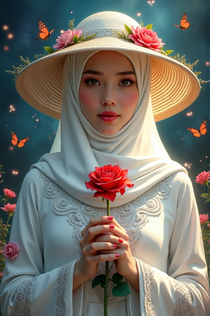 an individual wearing a white hijab with intricate silver embroidery and a wide-brimmed hat decorated with flowers. The person is holding a red rose, and there are colorful elements around it, including some butterflies and a splash of bright cosmic color in the bottom right corner