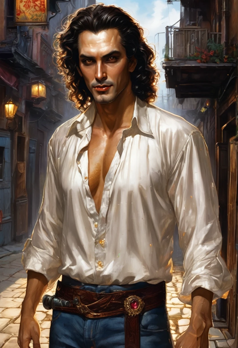 (good quality), (many details), (masterpiece), (good quality), (many details), (masterpiece), man in his early 30s, open shirt, jeans pants (cut out), trickster, wide hair in brown curls, scar on the eye, golden earring on the left ear, talisman,, at night in an alley, at the end of the alley a fair can be seen, realistic, vampire