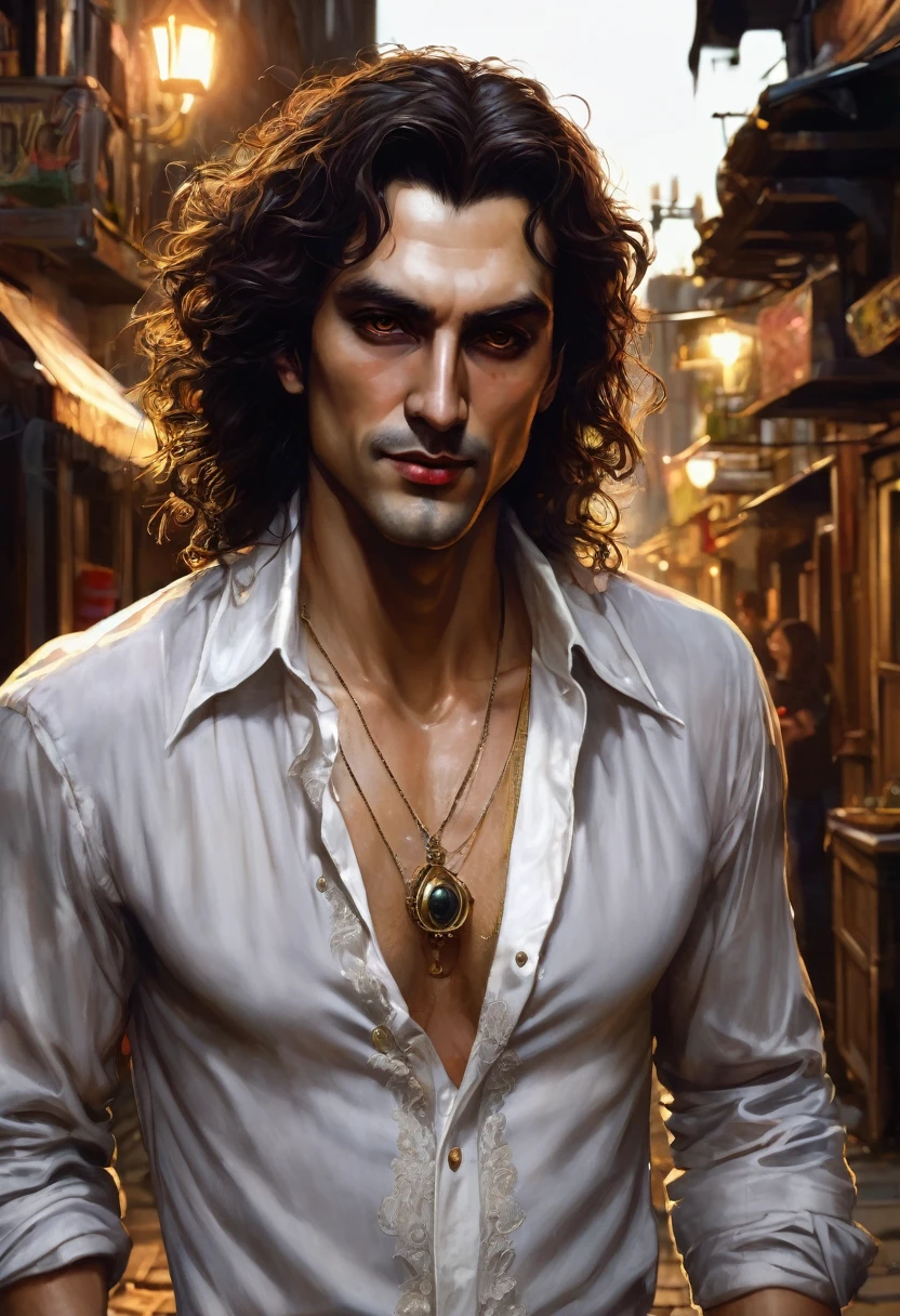 (good quality), (many details), (masterpiece), (good quality), (many details), (masterpiece), man in his early 30s, open shirt, jeans pants (cut out), trickster, wide hair in brown curls, scar on the eye, golden earring on the left ear, talisman,, at night in an alley, at the end of the alley a fair can be seen, realistic, vampire