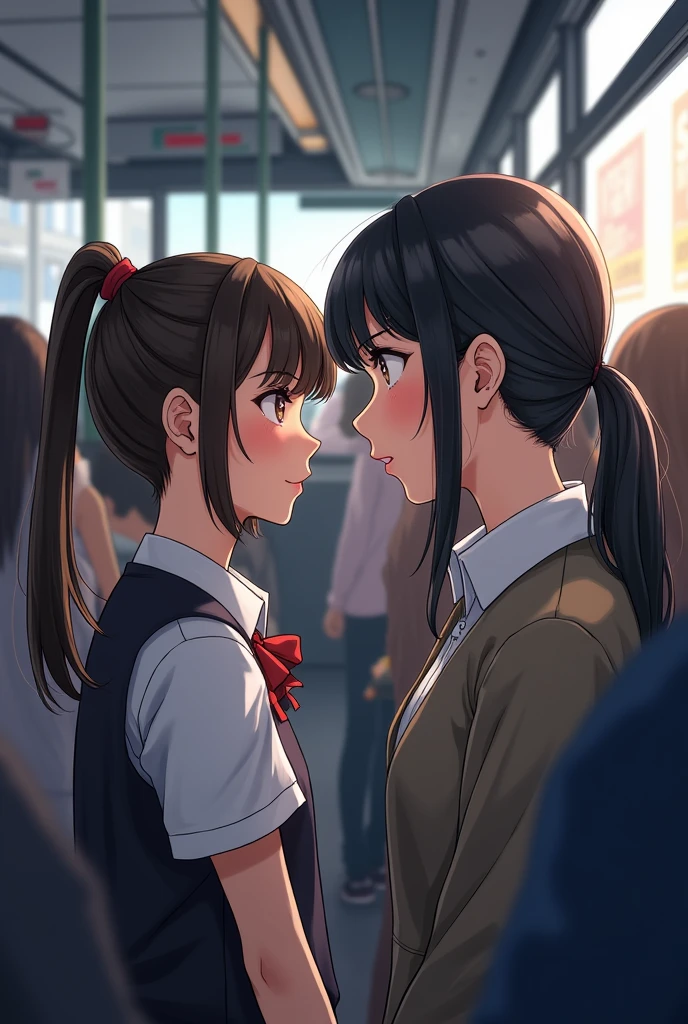 High school girl in uniform with hair in ponytail falling on top of woman in bus