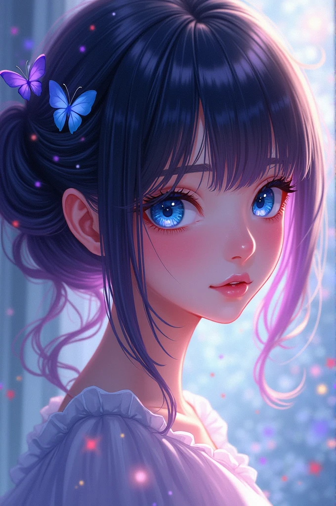 A girl with black hair and purple hair with blue eyes and a butterfly bun 
