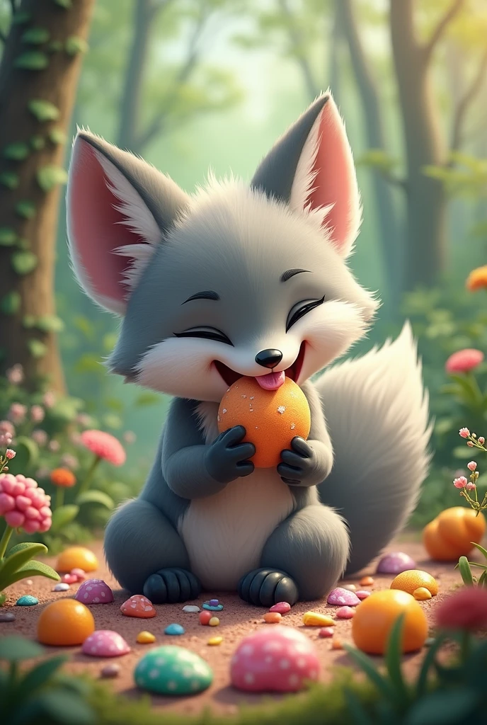 A gray fox with lots of sweets to eat,Candy in mouth,There is candy in hand,There is candy on the ground,Cute realistic style,Background forest garden
