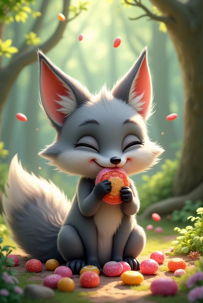 A gray fox with lots of sweets to eat,Candy in mouth,There is candy in hand,There is candy on the ground,Cute realistic style,Background forest garden