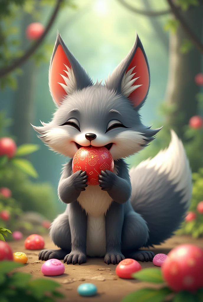 A gray fox with lots of sweets to eat,Candy in mouth,There is candy in hand,There is candy on the ground,Cute realistic style,Background forest garden