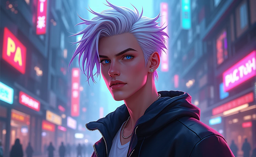 A young man with white hair with purple highlights and bright blue eyes full of passion, surrounded by a cyberpunk environment, the style is semi realistic