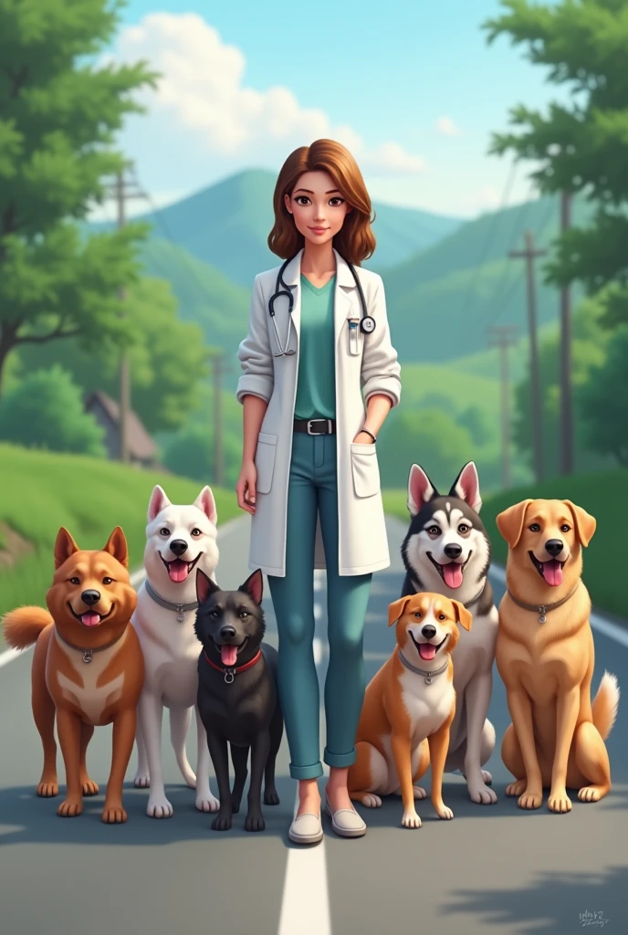 A lady doctor stand in the road surrounded by dogs