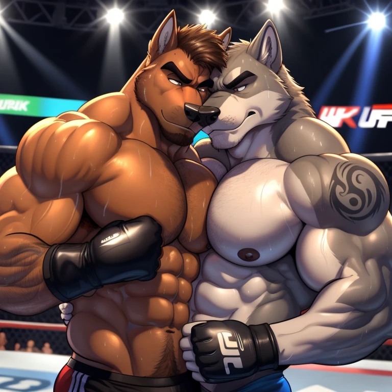 Duo male(Brown Dog punching Gray wolf on the face), handsomes(handsome hairstyle, Thick eyebrows, detailed face), gay(cuddling embraced, body with body, on a UFC match), hot(Shirtless), handsomes(They are handsomes, correct anatomy), musculosos(Big muscle bodies, Six packs, muscle abs, big pecs), sweaty(very sweaty wet bodies, shiny sweat), tatuajes(they have tattoos), grumpy(Both have an grumpy expression, grumpy teeths, steaming breath), UFC gloves(They both are wearing UFC gloves), Hight resolution, by(Zourik:1.1)