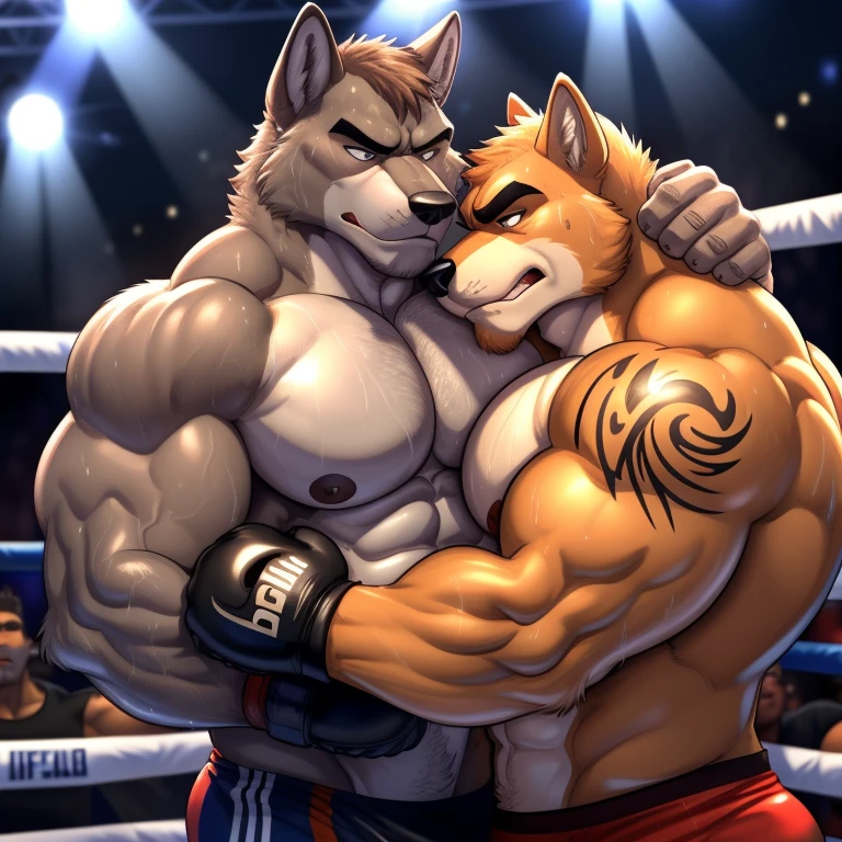 Duo male(Brown Dog punching Gray wolf on the face), handsomes(handsome hairstyle, Thick eyebrows, detailed face), gay(cuddling embraced, body with body, on a UFC match), hot(Shirtless), handsomes(They are handsomes, correct anatomy), musculosos(Big muscle bodies, Six packs, muscle abs, big pecs), sweaty(very sweaty wet bodies, shiny sweat), tatuajes(they have tattoos), grumpy(Both have an grumpy expression, grumpy teeths, steaming breath), UFC gloves(They both are wearing UFC gloves), Hight resolution, by(Zourik:1.1)