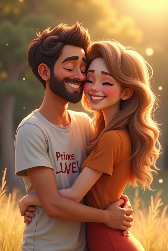 Couple hugged with happy man his t shirt written prince lovel