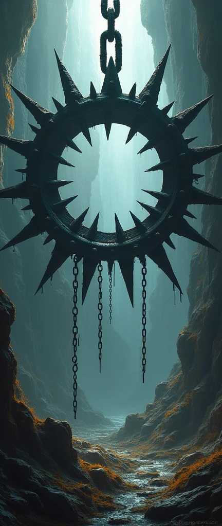 Circle of chains straining under tension, adorned with menacing spikes, digital painting blending styles of Greg Rutkowski, Loish, Rhads, Beeple, Makoto Shinkai, Lois van Baarle, Ilya Kuvshinov, RossDraws, Tom Bagshaw, Alphonse Mucha, with global illumination enhancing the detailed and intricate environment, ultra-realistic, Unreal Engine,, unreal engine, greg rutkowski, loish, rhads, beeple, makoto shinkai and lois van baarle, ilya kuvshinov, rossdraws, tom bagshaw, alphonse mucha, global illumination, detailed and intricate environment, professional ominous concept art, by artgerm and greg rutkowski, an intricate, elegant, highly detailed digital painting, concept art, smooth, sharp focus, illustration, in the style of simon stalenhag, wayne barlowe, and igor kieryluk.