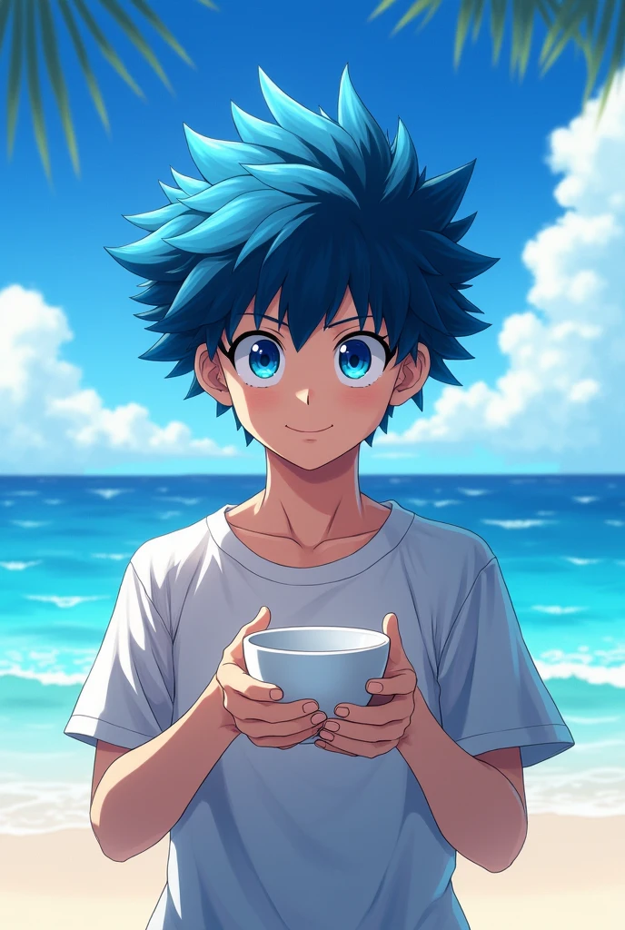 Boy in the style of boku no hero blue eyes, white tea, blue hair, beach scene.