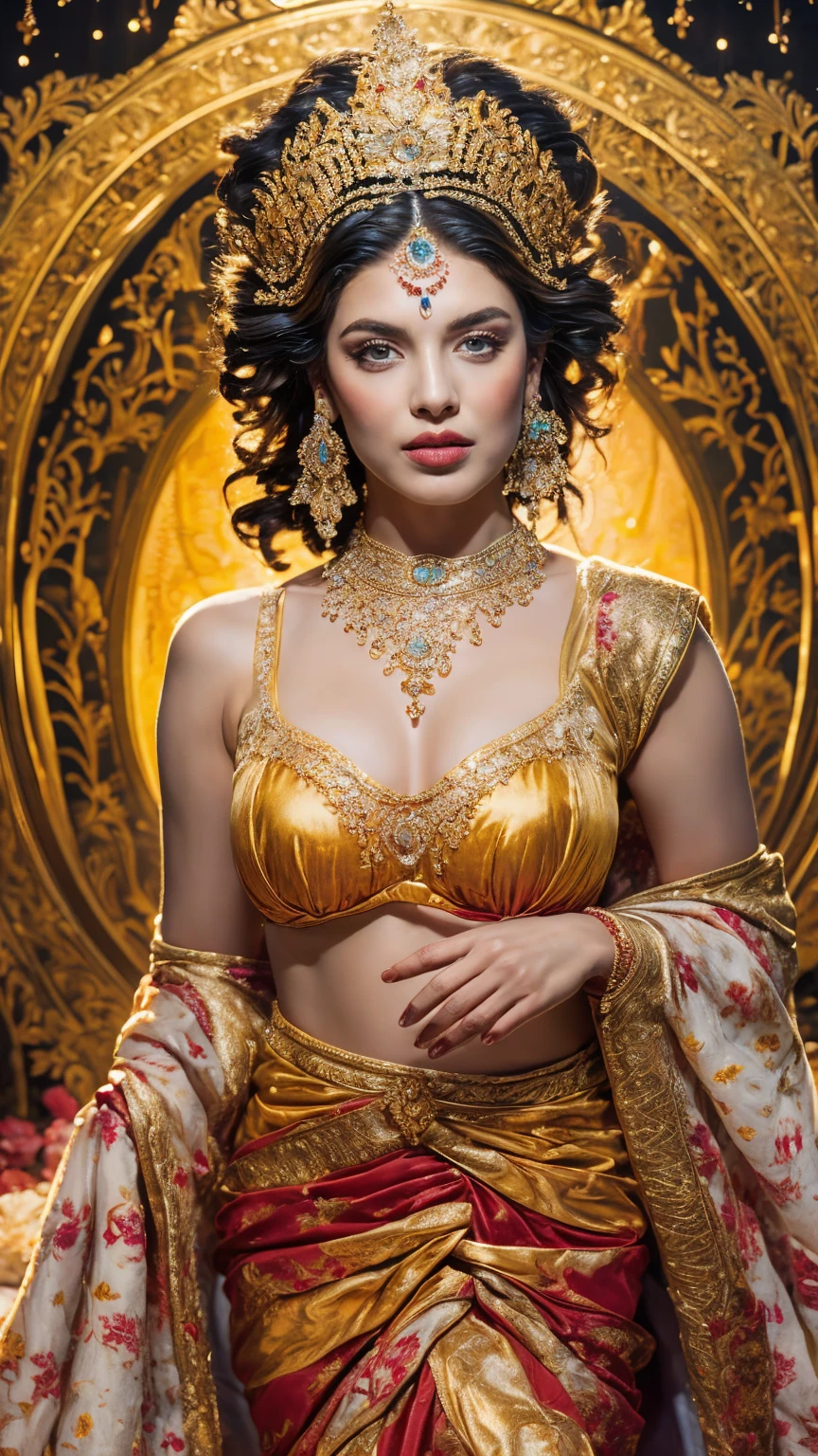 ((Best quality, 8k, Masterpiece :1.3)), Sharp focus :1.2, Generate a realistic image of a beautiful sexy Indian woman plus size body: 8.5 (masterpiece like a princess) (body like divine girl) dressed divine clothes white skirt and print bra, adorned with traditional ornaments, standing in a well-lit room with cinematic lighting. ((Front view, random elegant pose)), and there is a sense of grace and elegance in her posture. The background should complement the scene, enhancing the overall aesthetic appeal of the image. Photography by Brandon Woelfel, Full shot: Canon EF 16-35mm f/2.8L III USM lens on a Canon EOS 9D Mark IV camera, ultra realistic, 32k, HD