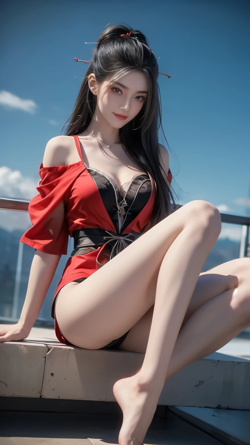 ((whole body)), 1 girl, Long hair, Red costume, Black Hair, long legs, Slender eyes, Fascinating eyes, Three long thin red hairpins, ((People floating in the air)), Elongated eyebrows, Tall and skinny, Clothes fluttering, (Very intricate details1.2), Big round breasts, (Sexy pose), Red silk, Leakage out of the breast, Off-shoulder, raised eyebrows, Barefoot, bare legs, Delicate face, Fluffy hair, Transparent Clothes, gradient eyes, color contact lenses, Smile, Narrow crotch, Surrealism, ray tracing, reflection light, high detail, Romanticism, retina, masterpiece, anatomically correct, high details, highres, 8k, super detail