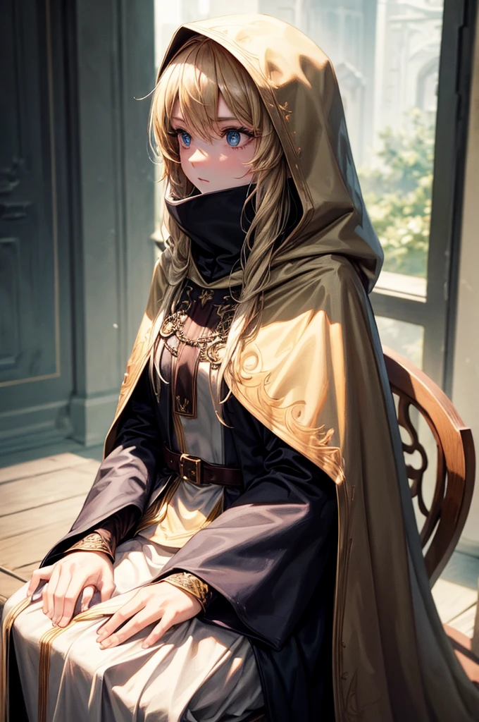 (best quality, masterpiece), woman, blonde, long hair, cloak, hood, sitting, ominous