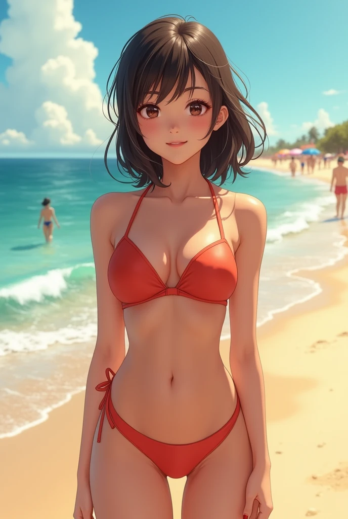 Swarthy young Asian Girl with dark brown hair in swimsuit on beach front view