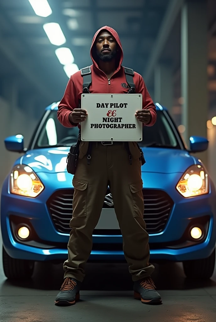 Make me a picture where there is a person with a wide build who has a sign that says "day pilot", “night photographer” and has a Suzuki Swift behind him