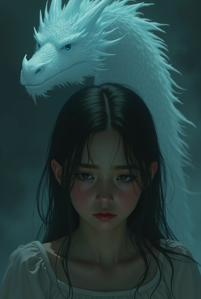 A sad girl, close up, a transparent glowing dragon upper body in background in big size