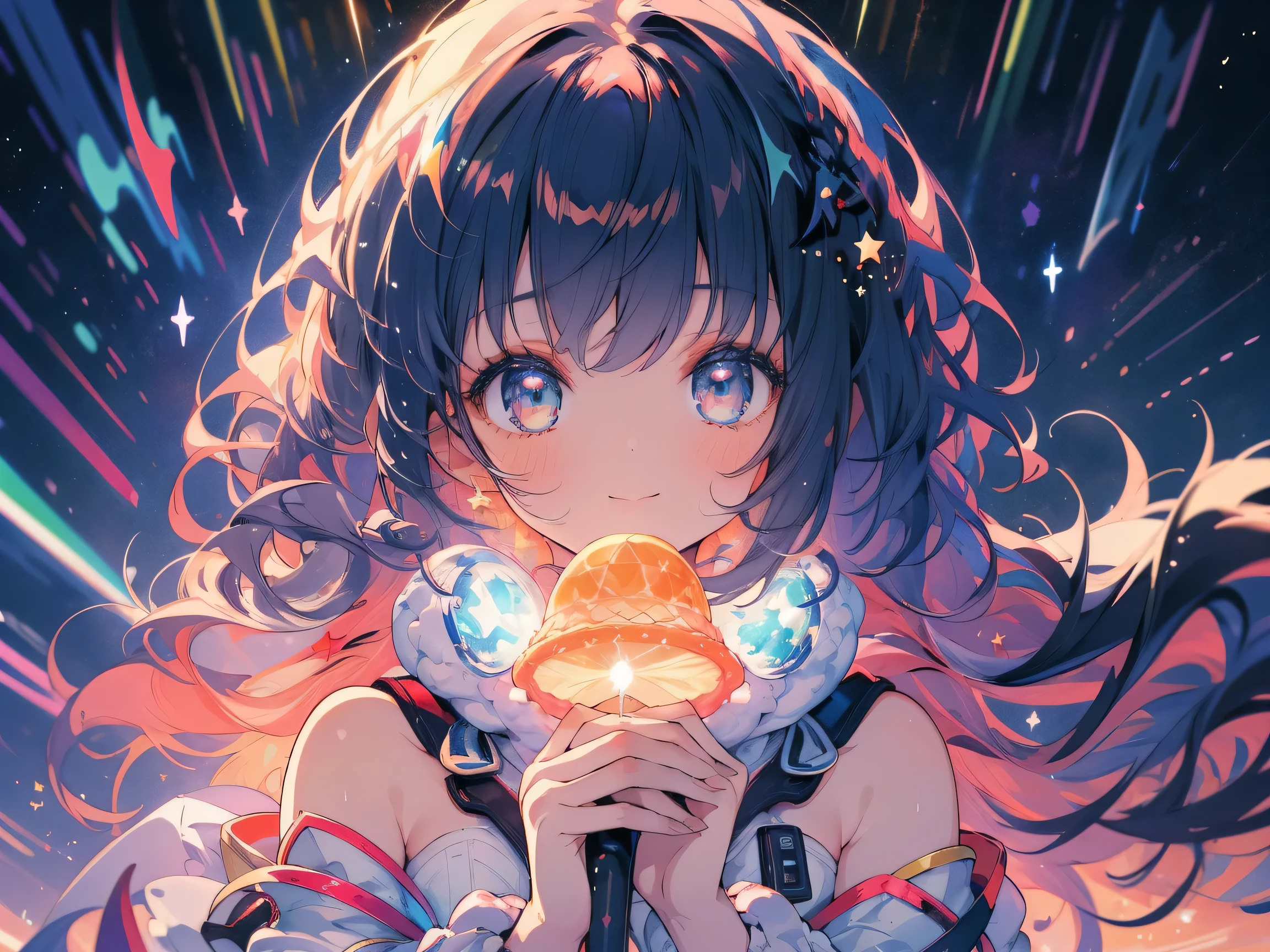 Attention to detail, Super Detail, Ultra-high resolution, A girl having a good time in a dream galaxy, Surrounded by stars, The warm light that shines on her, The background is a starry sky with colorful galaxies and galactic clouds, The stars fly around her, Delicate face, Add a playful touch , 