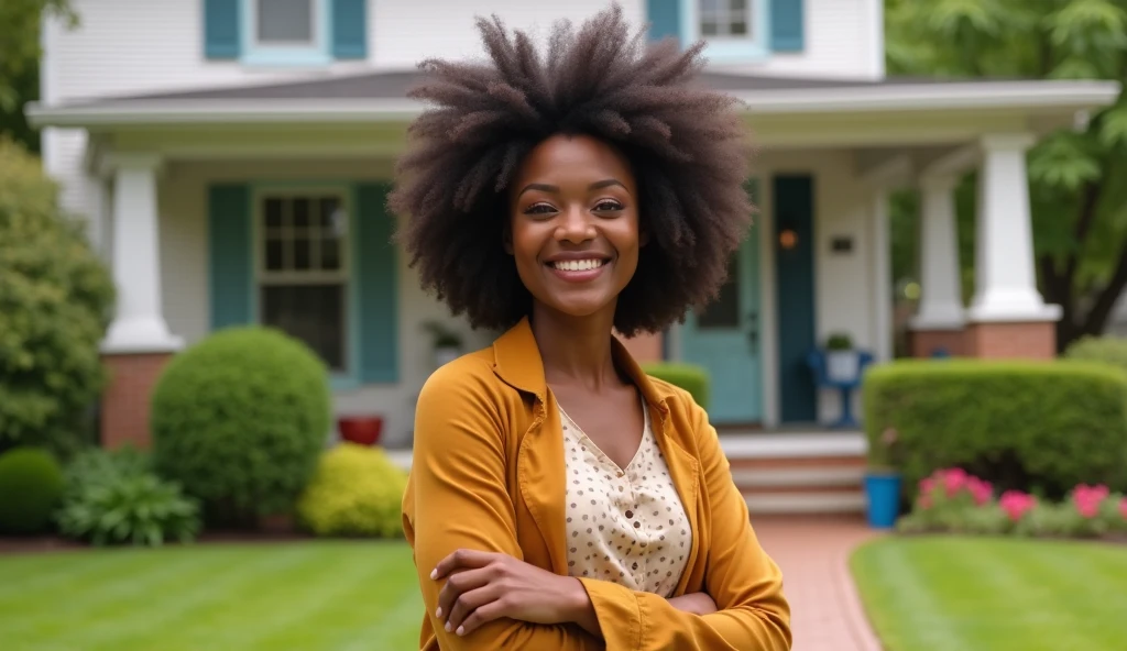 Happy Beautiful black woman man near her beautiful house alone 