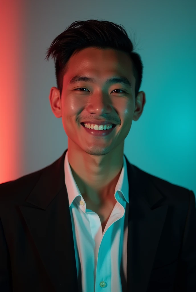 A young man with dark hair and a confident smile. He is dressed in a black blazer over a white shirt. The man is positioned against aqua colour backdrop with a subtle red lighting on the left side. and he posing for Linkedin profile