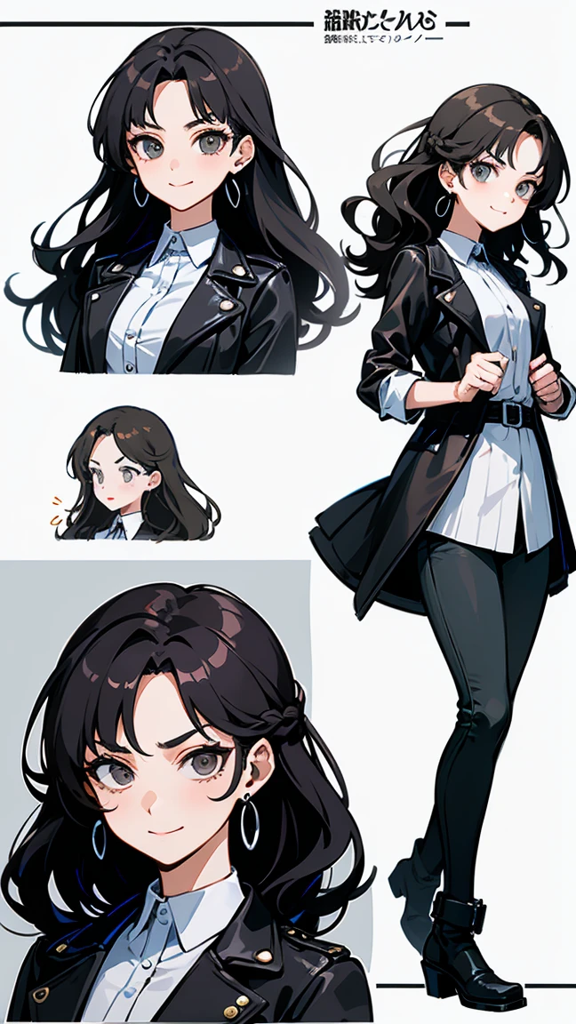 Highest quality, Detailed face, White background, Character Sheet,((Adult women:1.5))), ((whole body:1.2)), Full of details, multiple postures and expressions, Serious face, smile, Very detailed, depth, 1 Adult women, No bangs, (Black long hair, Grey sexy eyes, Wavy hair, Black leather jacket outfit, tall, smile, Rage, Martial arts poses, cool,Medium chest, High-necked shirt, strap,Earrings, Skinny black jeans, Black braided boots, セクシーなsmileとポーズ,