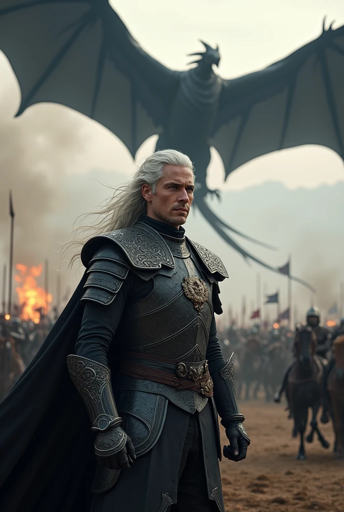 Create a detailed image of Aegon Targaryen on the battlefield and with his black dragon flying in the sky