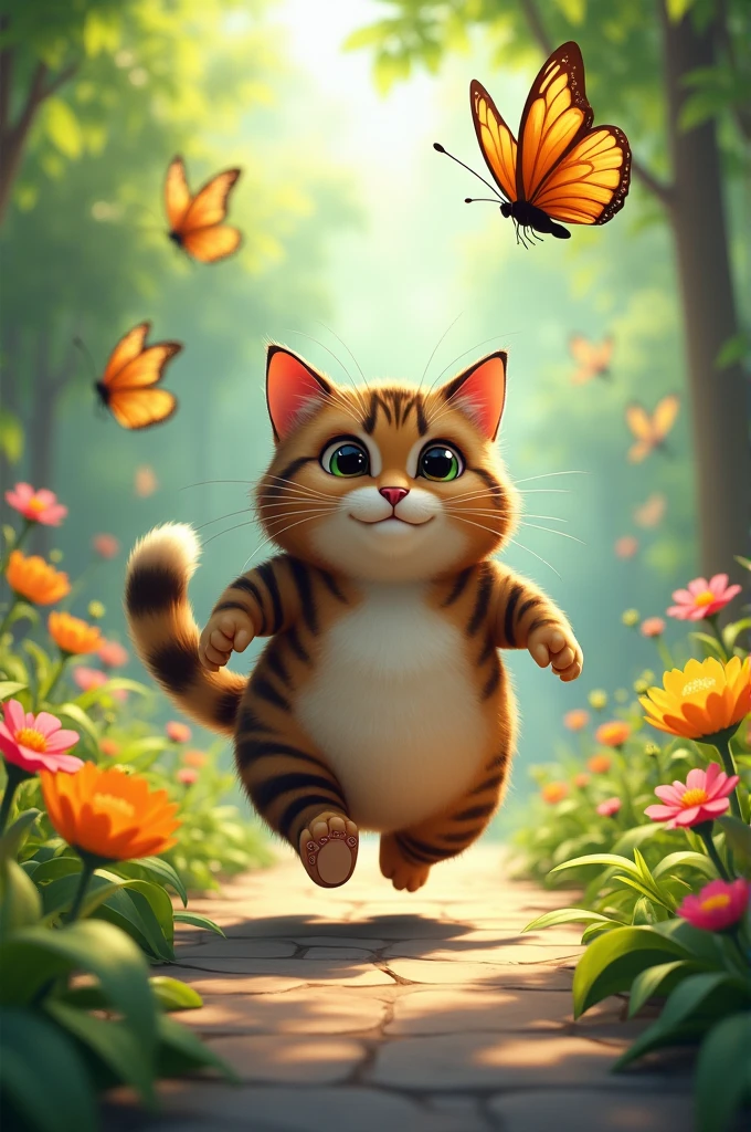 Max (a cat) starting his workout journey by chasing butterflies in a garden, still looking a bit chubby but determined.