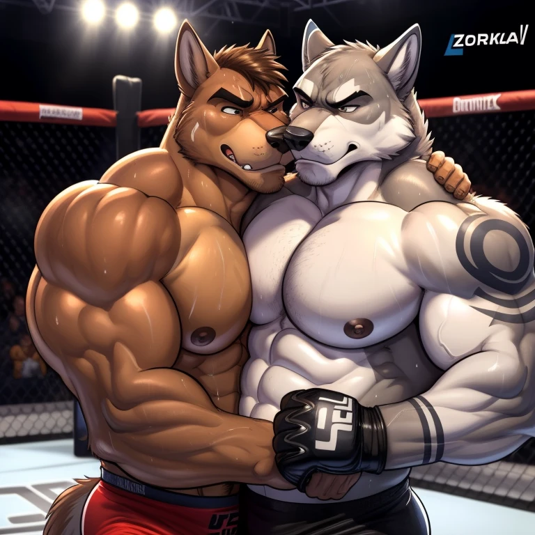Duo male(Brown Dog punching Gray wolf on the face), handsomes(handsome hairstyle, Thick eyebrows, detailed face), gay(cuddling embraced, body with body, on a UFC match), hot(Shirtless), handsomes(They are handsomes, correct anatomy), musculosos(Big muscle bodies, Six packs, muscle abs, big pecs), sweaty(very sweaty wet bodies, shiny sweat), tatuajes(they have tattoos), grumpy(Both have an grumpy expression, grumpy teeths, steaming breath), UFC gloves(They both are wearing UFC gloves), Hight resolution, by(Zourik:1.1)
