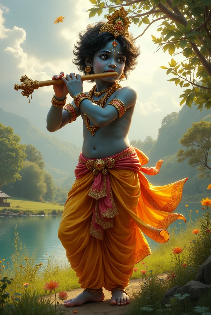 Lord krishna playing a flute 
