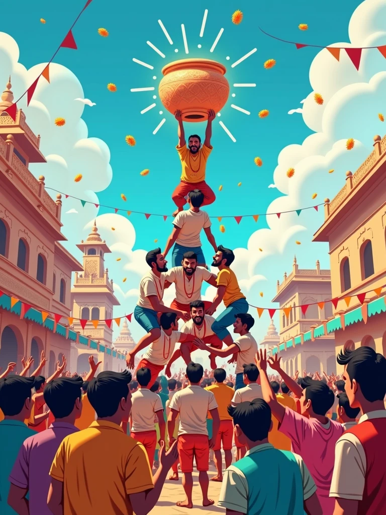 Create a vibrant and festive illustration of the Gopal Kala festival, capturing the joyful spirit of the celebration. The scene should include a group of young men forming a human pyramid, attempting to break the Dahi Handi (a pot filled with curd) suspended high above them. Surrounding them, a lively crowd of people, dressed in traditional colorful attire, is cheering and throwing flowers. The backdrop features traditional Indian architecture and a bright blue sky, with festoons and banners adding to the festive atmosphere. The overall mood should be one of joy, energy, and community celebration