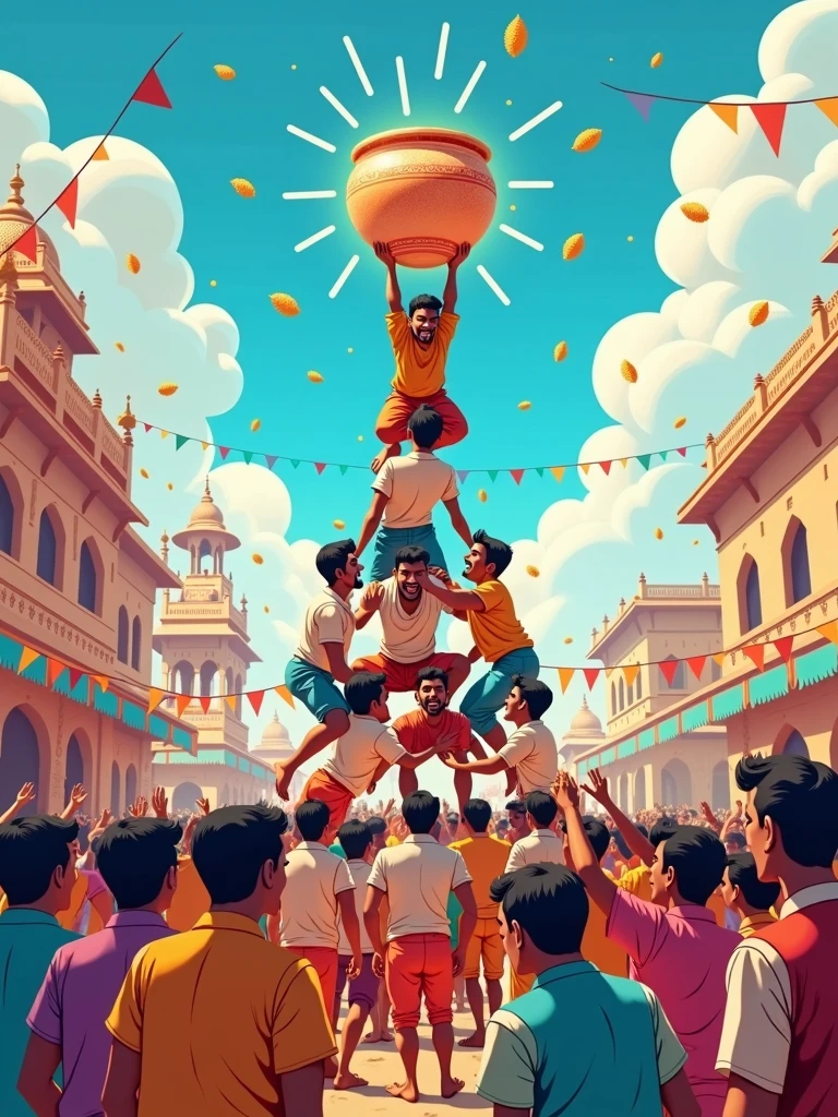 Create a vibrant and festive illustration of the Gopal Kala festival, capturing the joyful spirit of the celebration. The scene should include a group of young men forming a human pyramid, attempting to break the Dahi Handi (a pot filled with curd) suspended high above them. Surrounding them, a lively crowd of people, dressed in traditional colorful attire, is cheering and throwing flowers. The backdrop features traditional Indian architecture and a bright blue sky, with festoons and banners adding to the festive atmosphere. The overall mood should be one of joy, energy, and community celebration