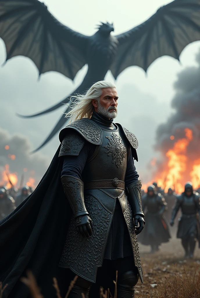 Create a detailed image of Aegon Targaryen on the battlefield and with his black dragon flying in the sky