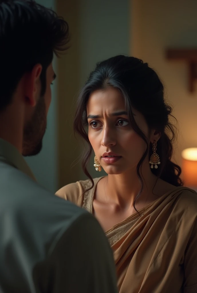 Pakistani wife talking their husband with tension face