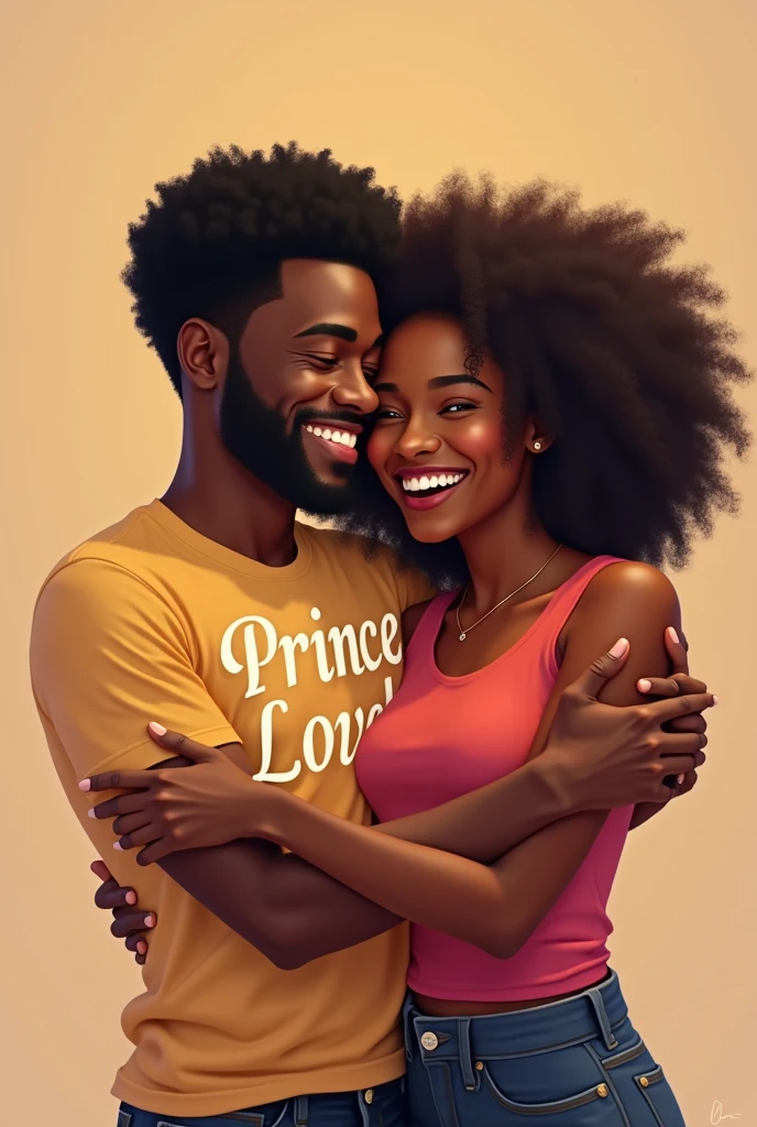 Black Couple hugged with happy man his t shirt written prince lovel