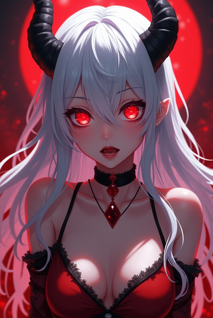 One Girl, Appearance Succubus, Lustful looks, Long White Hair, Red Heart Eyes, Looking Obsessed, Crazy Obsessive looks, Anime Style, With Sexual Desire