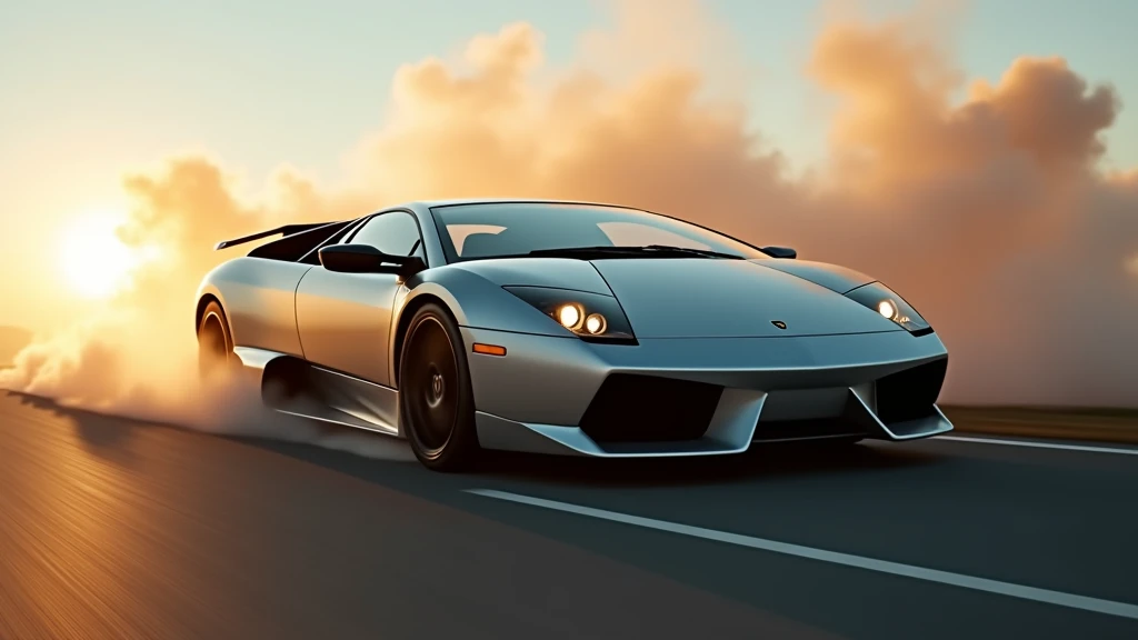 An incredible, high-speed cinematic photo of a silver Lamborghini Murciélago passing by at top speed. The low angle shot captures the sleek lines and powerful presence of the supercar. As the sun sets in the background, it casts a warm, golden glow across the car, accentuating its jaw-dropping design. The sense of speed is palpable, with the car's tires leaving a trail of smoke on the road., cinematic, photo