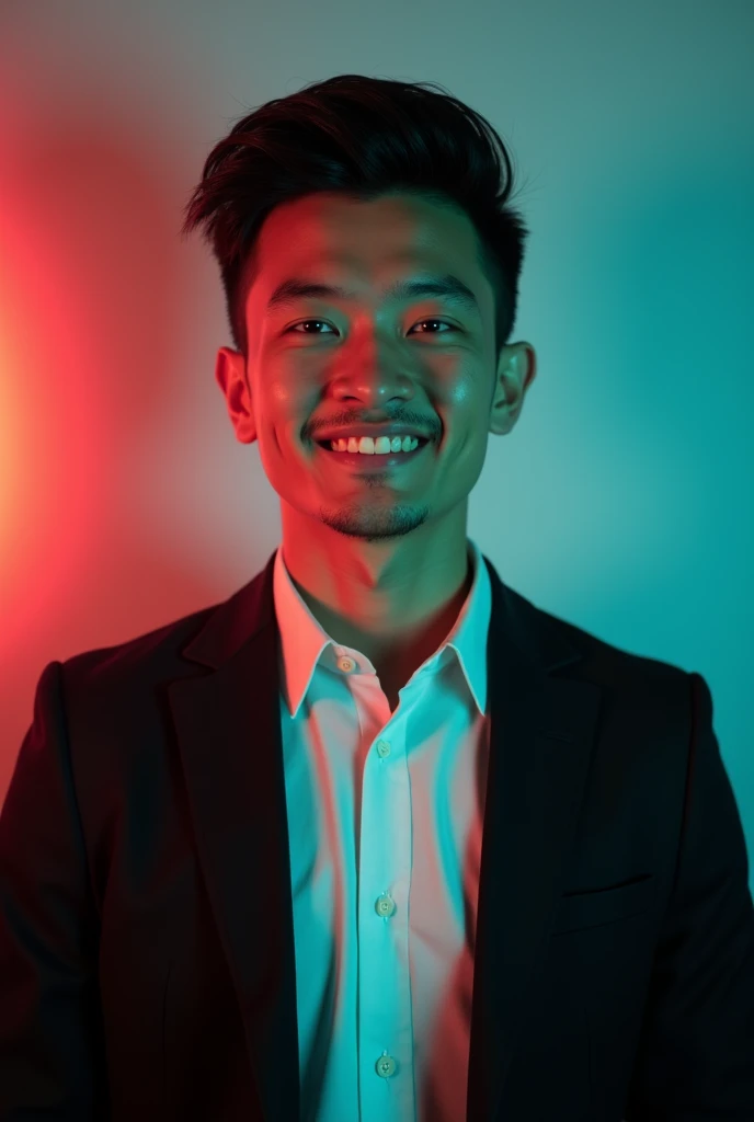 A young man with dark hair and a confident smile. He is dressed in a black blazer over a white shirt. The man is positioned against aqua colour backdrop with a subtle red lighting on the left side. and he posing for Linkedin profile