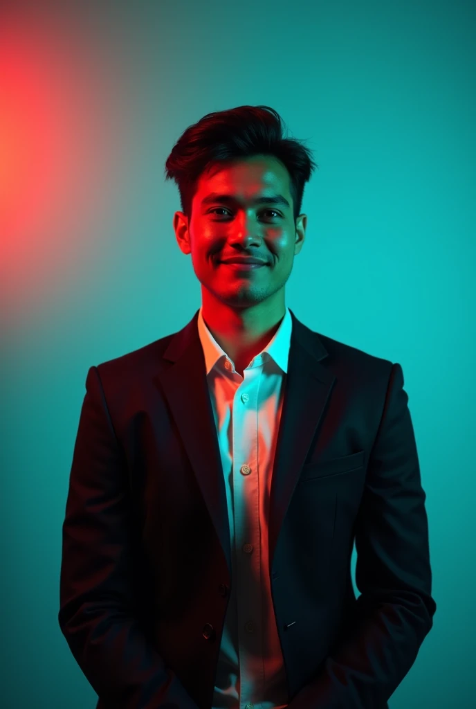 A young man with dark hair and a confident smile. He is dressed in a black blazer over a white shirt. The man is positioned against aqua colour backdrop with a subtle red lighting on the left side. and he posing for Linkedin profile