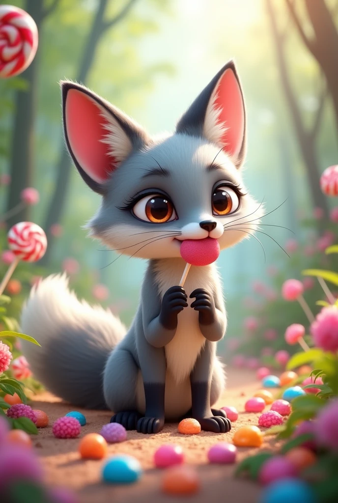 A gray fox with lots of sweets to eat,Standing,Candy in mouth,There is candy in hand,There is candy on the ground,Cute realistic style,Background forest candy garden