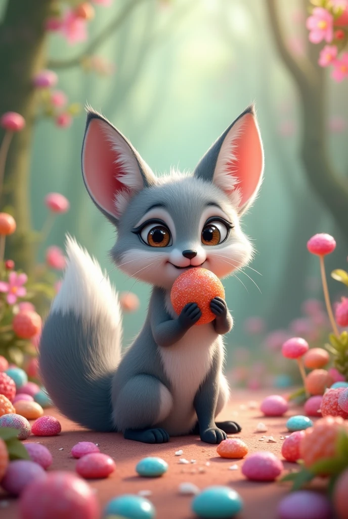 A gray fox with lots of sweets to eat,Standing,Candy in mouth,There is candy in hand,There is candy on the ground,Cute realistic style,Background forest candy garden