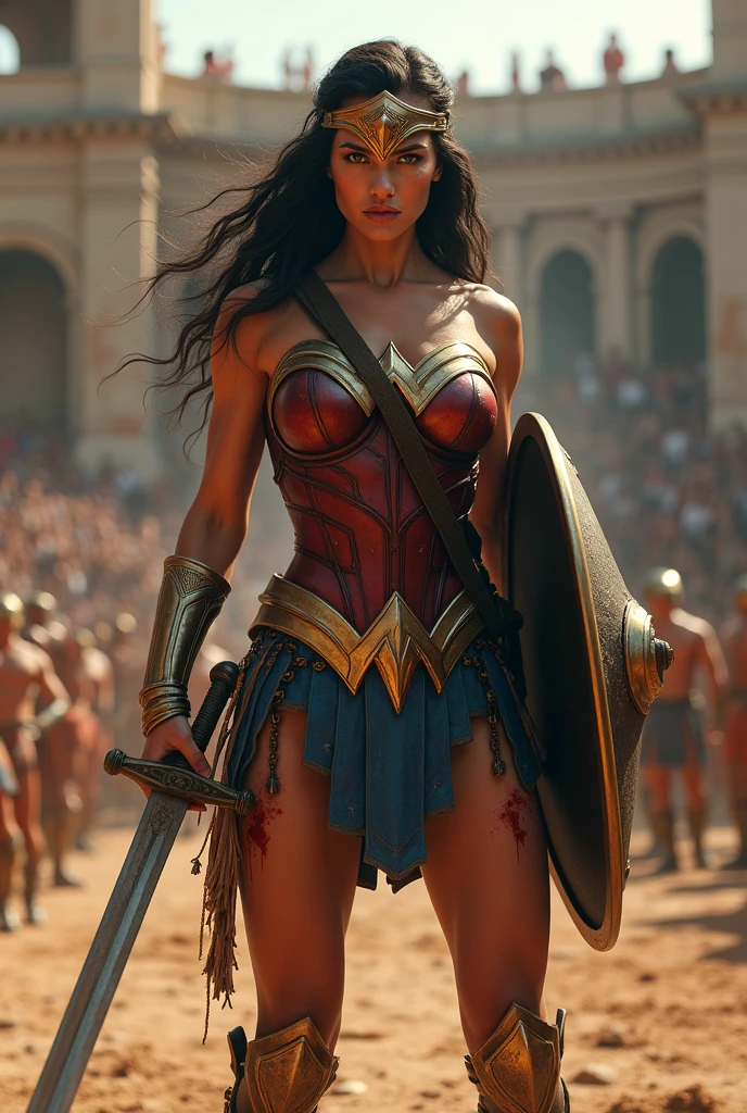 Wonder woman best quality,high-res,(realistic,photorealistic:1.37),warrior,gladiator with mask and net,ancient Rome theme,detailed helmet and armor,arena setting,brutal combat,dramatic lighting,strong and muscular physique,heroic pose,dusty atmosphere,fierce battle scene,fighting for survival,leather straps and metal chains,weapons of choice,sword and shield,stunning composition and perspective,focus on intense facial expression,sweat dripping from forehead,aggressive stance and movement,vivid colors to capture the energy,blood splatters and wounds,raised dust from the ground,roaring crowd in the background,epic and cinematic style,action-packed and dynamic,feeling of power and strength,victory or death!